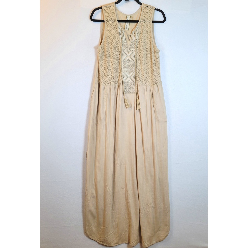 Aratta Silent Journey Women Crochet Lace Beaded Tank Maxi Dress Size Large Beige - Picture 1 of 11